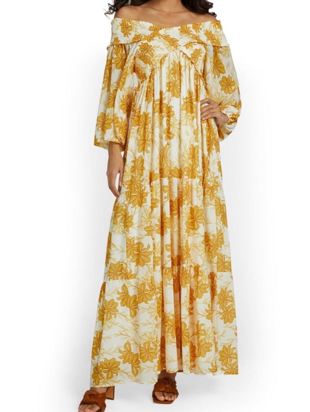 NWT Flying Tomato | Floral Print Off The Shoulder Smocked Maxi Dress Women Large - Picture 2 of 11